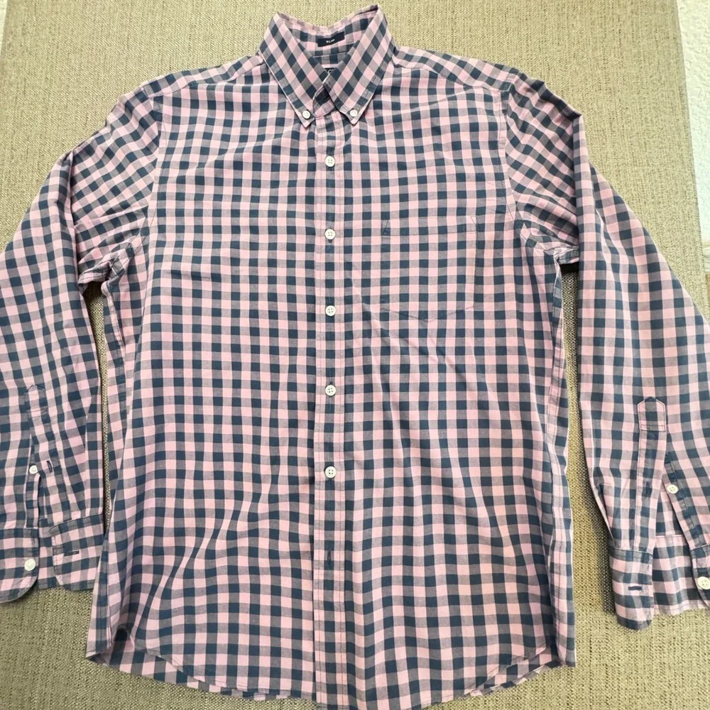 J.Crew Flex Washed Slim Fit Gingham Button Down Shirt Mens Medium Pink Navy